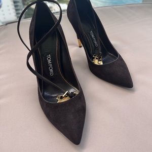 Tom Ford Dark Brown suede padlock Ankle wrap pumps